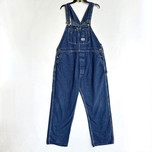 VTG Bib Overalls Big Smith Distressed Dark Wash Carpenter USA Button Fly 40x30 - Picture 1 of 10